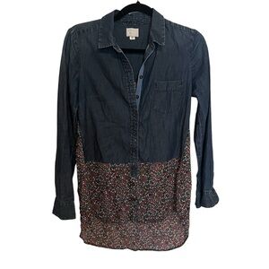 Anthropologie Denim Floral Button Up Blouse